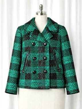 Milly of New York Emerald Green Black Plaid Woven Boucle Double Breasted Jacket